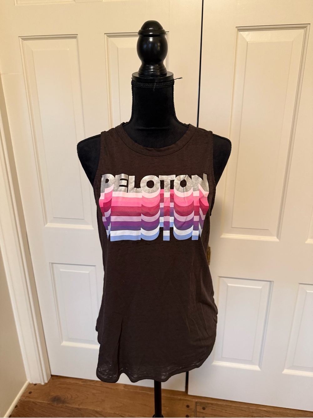 Chaser x Peloton Women’s Brown Graphic Muscle Tank with Pink & Blue Stripe Logo